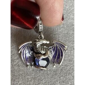925 Sterling Silver Purple Dragon And Crystal Heart Dangle Charm